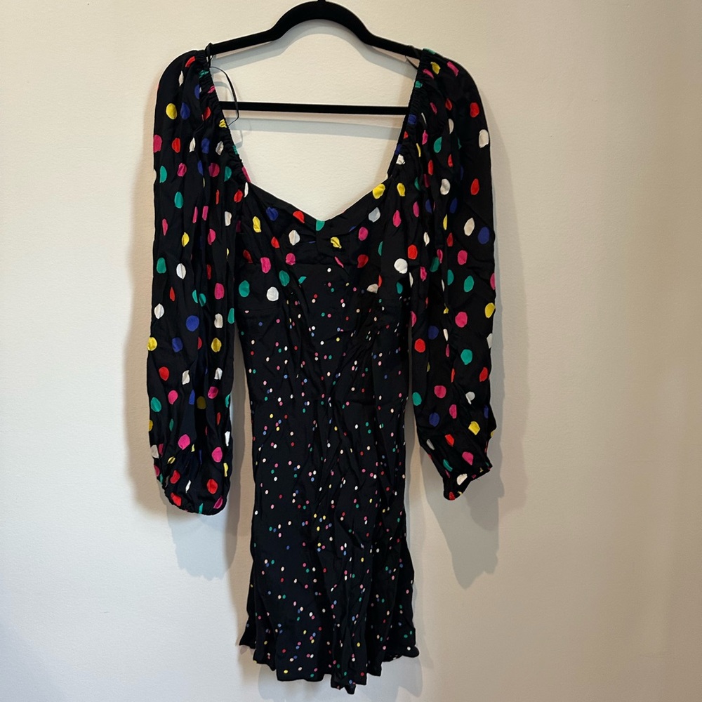 RIXO x Target black mini long sleeve dress with colorful polka dots
